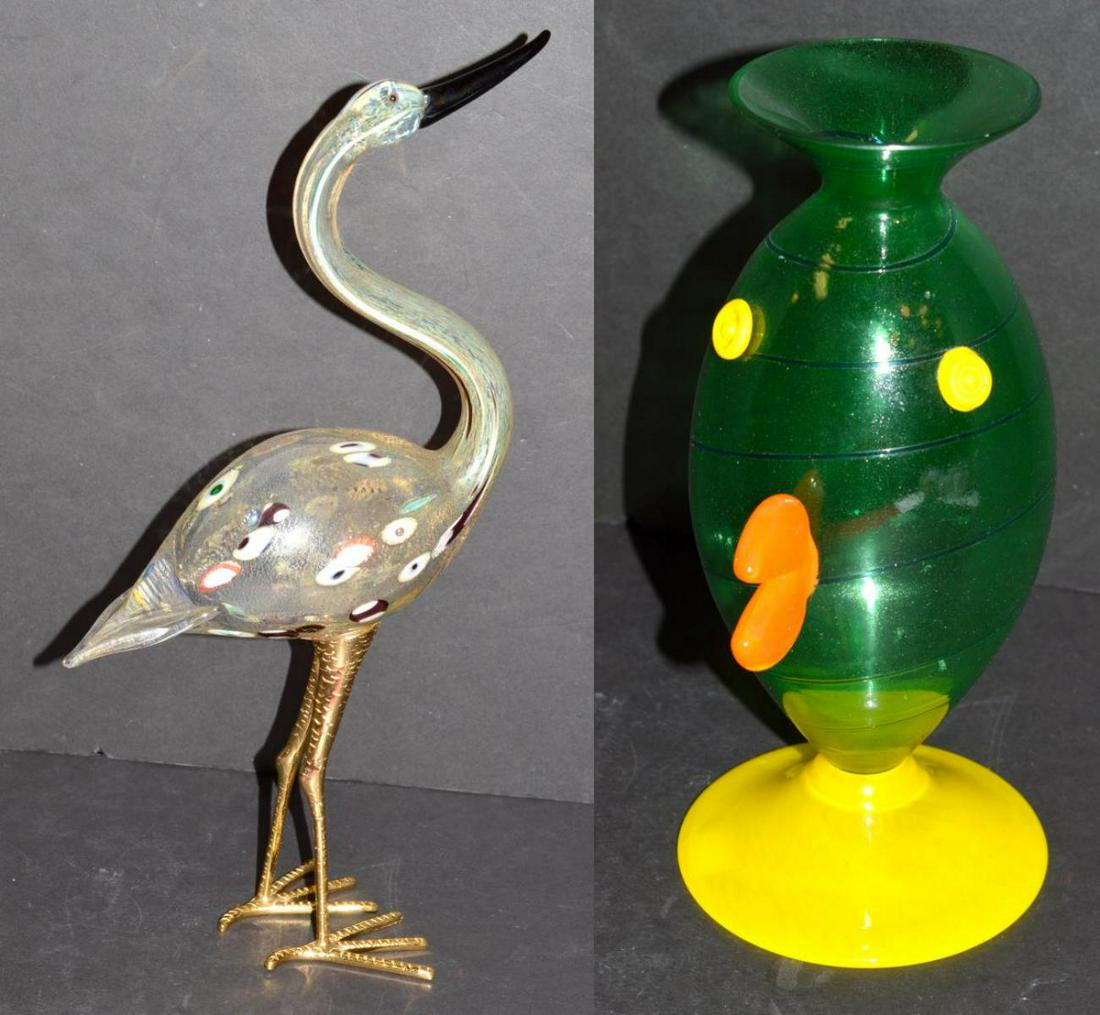 Lot of 2 Art Glass Pieces, Wading Bird, Fish Vase: Wading bird blown art glass decor piece. This hollow construction heron or stork has wonderful color spotted translucent glass body on gold tone metal legs. It is 16" tall & 8" long. A green, yellow &