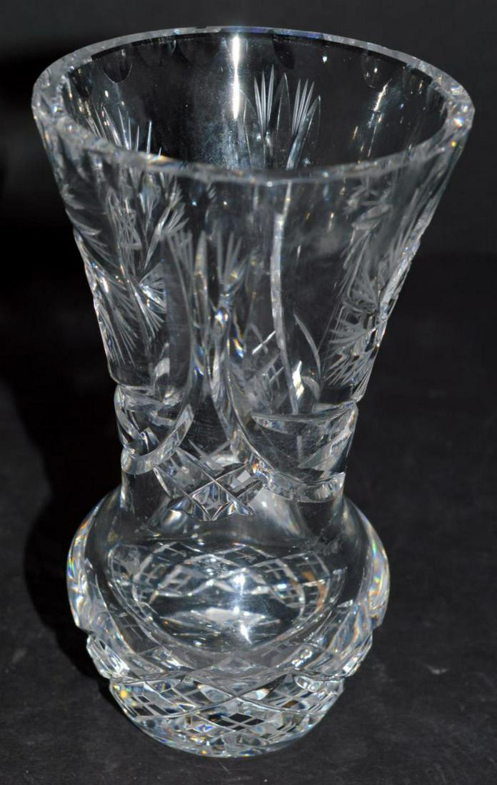 Three Cut Clear Crystal Items Vase Basket Ashtray: Lot of Three Heavy Cut Clear Crystal Items, Including a Bud Vase with Star & Cross Hatch Pattern 6" Tall, 3.5" Diam. Small Chips on Top Edge. A Handle Basket with Star Pattern 6" Across & 5.75" tall.