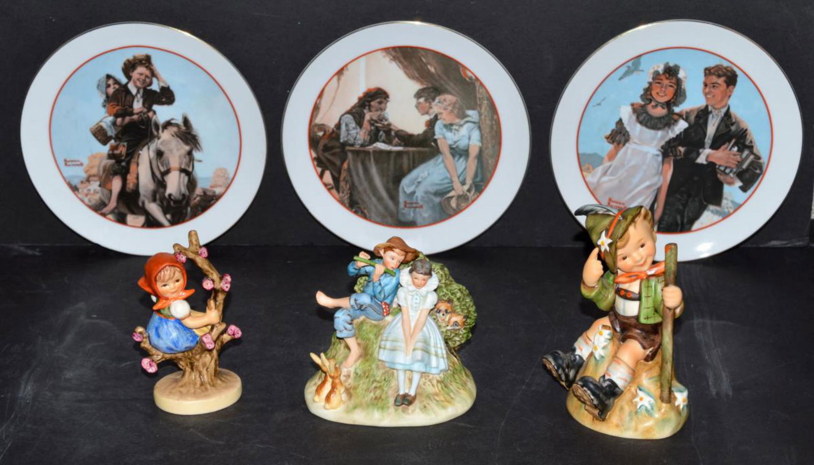 6 Piece Lot of Ceramic Collectibles Hummel Gorham: 6 Piece Lot of Ceramic Collectibles. 2 Goebel Hummel figurines from W. Germany. Girl on Tree with Flowers 4.25" tall, stamped, marked, signed on bottom. Seated Boy with Walking Stick 5.15" tall, stamp
