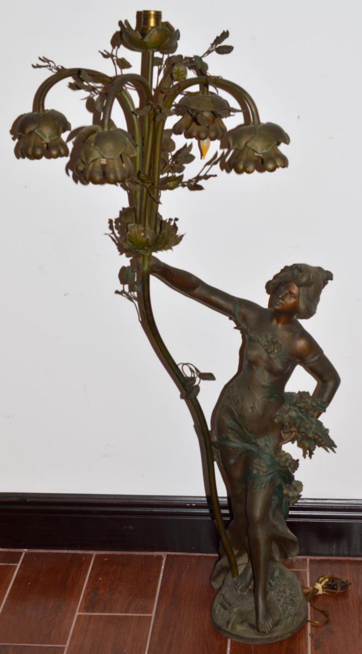 Vintage Bronze Figural Light Auguste Moreau: Vintage Bronze Figural Lamp Signed Auguste Moreau. A truly gorgeous 5 socket interior lamp with wonderful even patina & finish. A woman in a shear dress, holding a staff that is framed with grape leav
