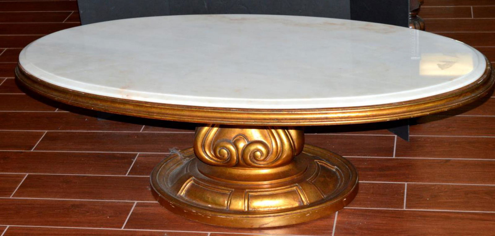 Wood & Marble Coffee Table by Weiman Tables: Wood & Marble Heirloom Quality Coffee Table by Weiman Tables. It features a footed wooden base with a white granite top. Table top is made in Portugal by T.W.C., style number 1365. Color is Rose Auror