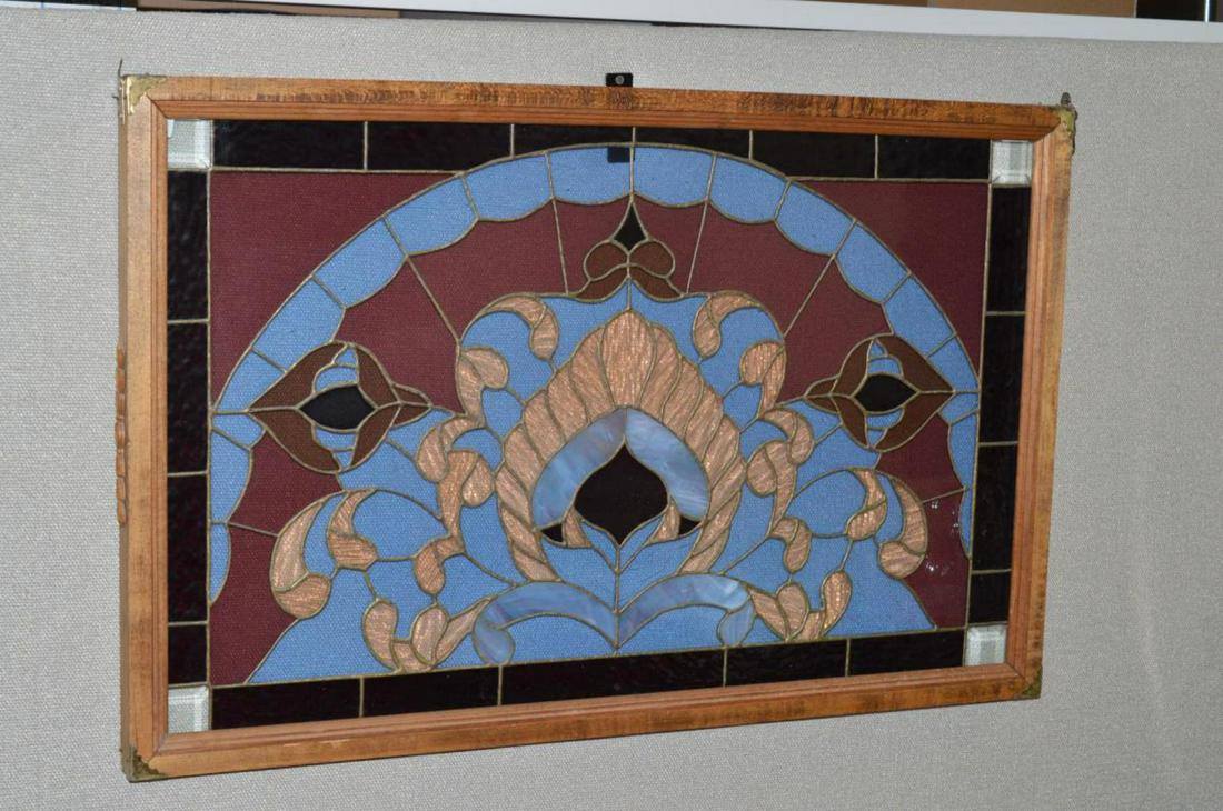 Vintage Stained Glass Window Pane Framed Convert: Vintage Stained Glass Window Pane Framed Conversion. It features several different types & colors of glass. It has beveled glass corners, bubble textured glass borders, & opaque, translucent & obscure