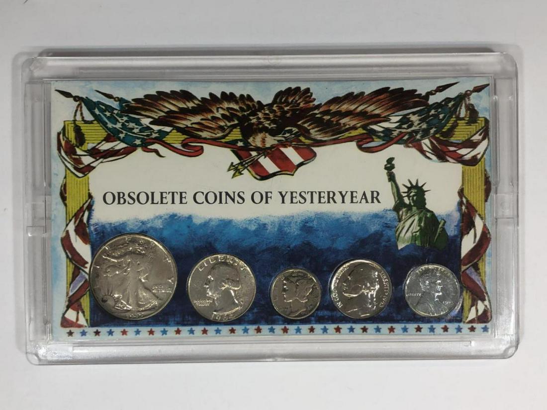 Obsolete Coins of Yesteryear w/Silver Walker Half: Obsolete Coins of Yesteryear. Housed in a hard plastic holder, set contains a silver Walking Liberty Half, Washington Quarter and Mercury Dime, a Jefferson silver wartime nickel and the 1943 steel pla