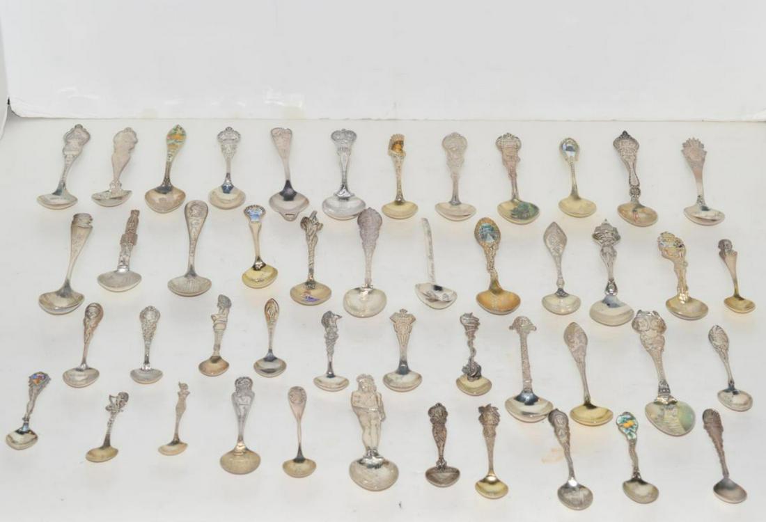 46 Sterling Silver Souvenir Spoons Figural Handles: 46 Sterling Silver Souvenir Spoons with Figural Handles. Some of the Figures Include: Benjamin Franklin, American Indians, Political Figures, Chief Seattle, Salem, Boston & Enameled Pieces. This is a 