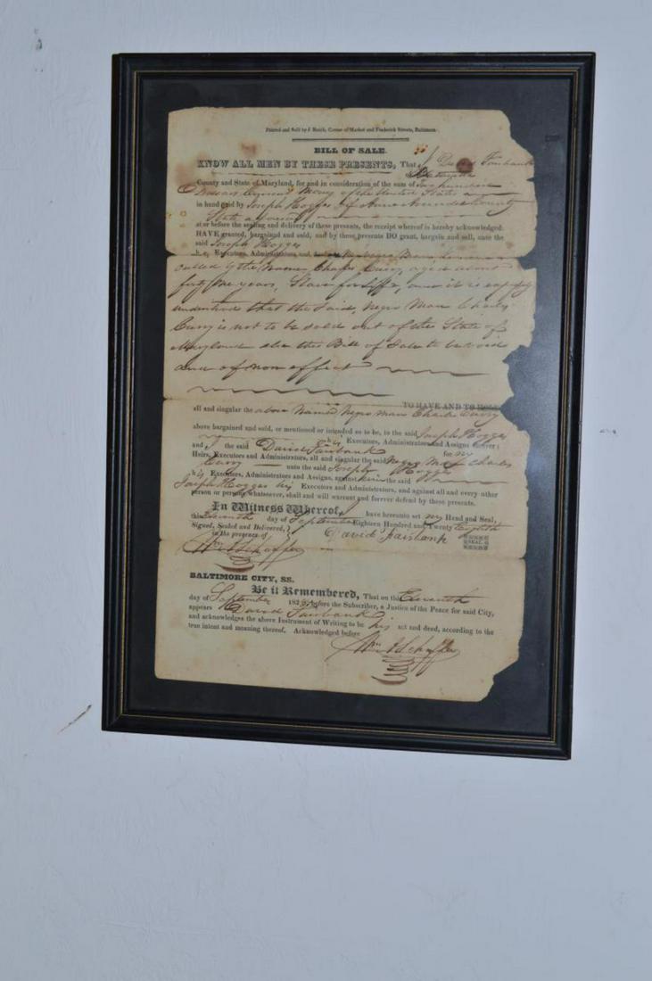 Slave Bill of Sale for One Negro Man Sept. 1828: Slave Bill of Sale for One Negro Man Dated September Eleventh 1828. David Fairbanks sold "My Negro man called Charles Curry for $200.00 in Baltimore Maryland to Joseph Hogges. This document has been d