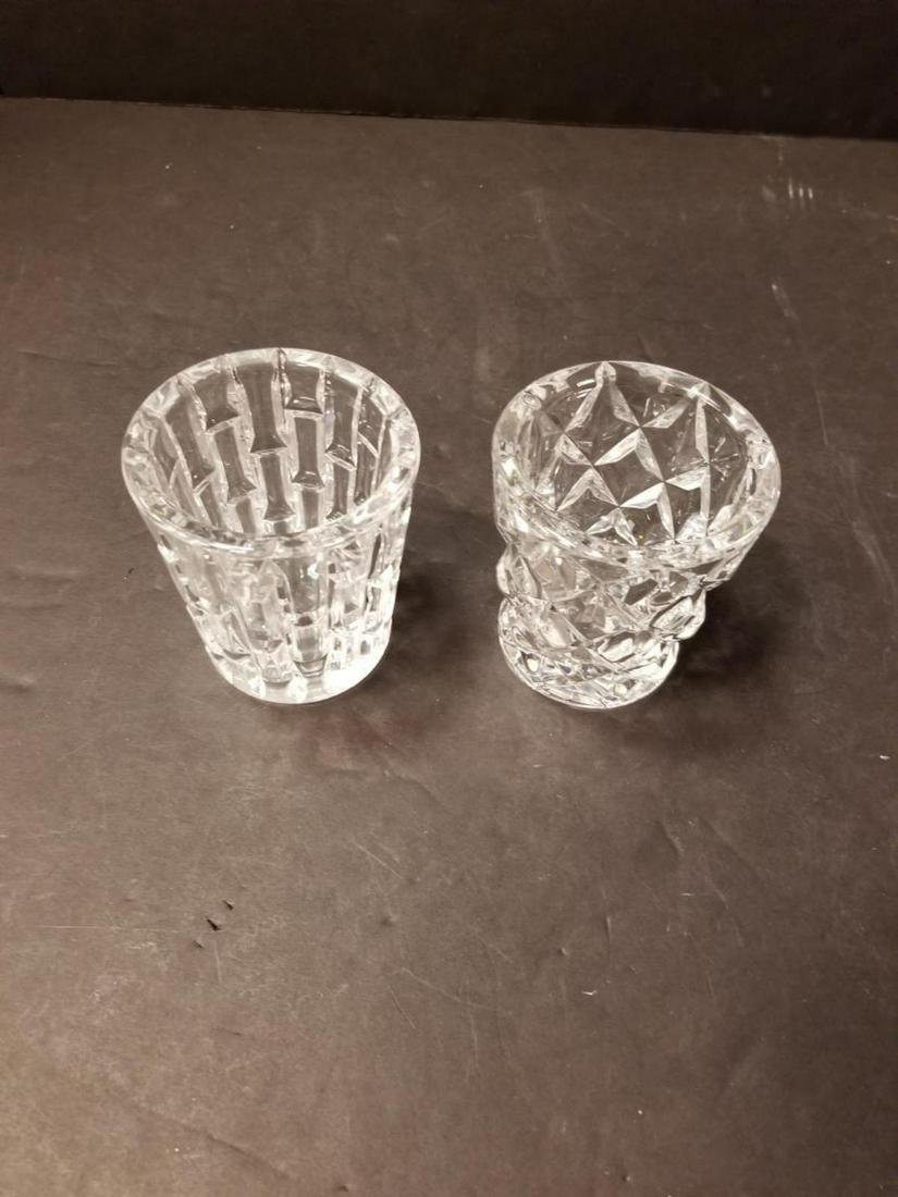 Pair of Waterford Contemporary Styled Short Vases: Pair of Waterford Contemporary Styled Short Vases or Vessels. Candle holders, pen holders, decorator pieces etc. These thick walled tumbler shaped crystal cups have two individual contemporary pattern