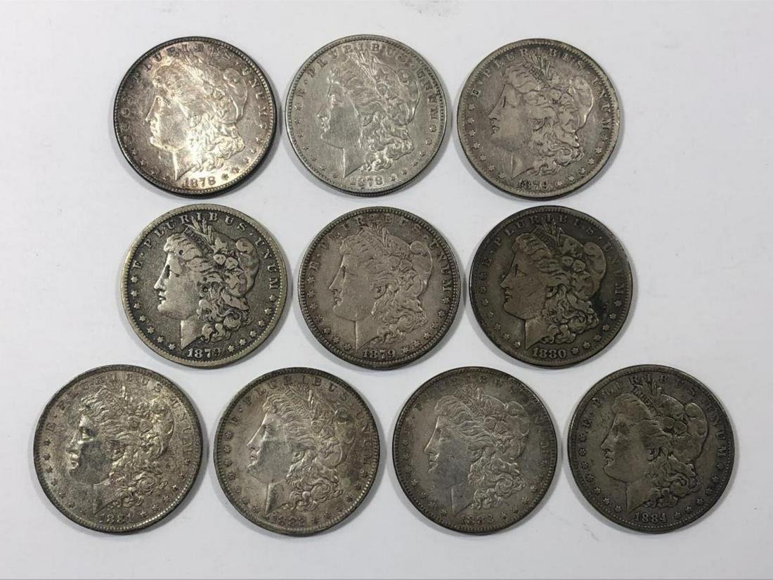 Lot of 10 Morgan Silver Dollars 1878-1884 VG-AU (1 of 2)