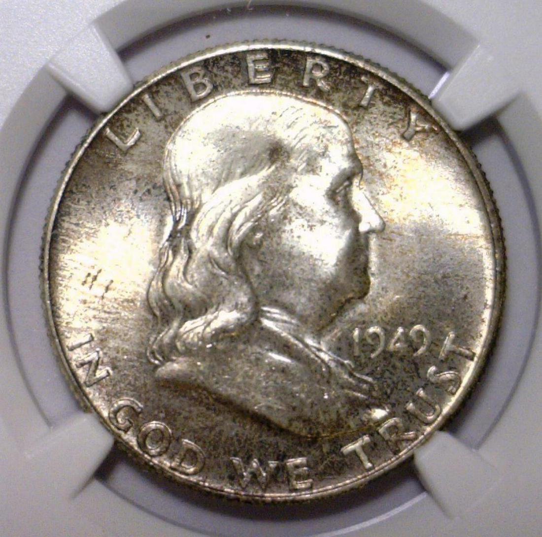 1949 Franklin Silver Half NGC MS65 FBL: 1949 Franklin Silver Half NGC MS65 FBL. Second year of issue, this half came from an original US Mint Set. The obverse & reverse offers lustrous original surfaces with some light overall toning. This