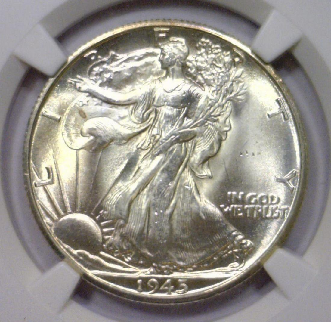 1945-D Walking Liberty Silver Half NGC MS65: 1945-D Walking Liberty Silver Half NGC MS65. This Gem BU Walker offers all white & lustrous original surfaces.