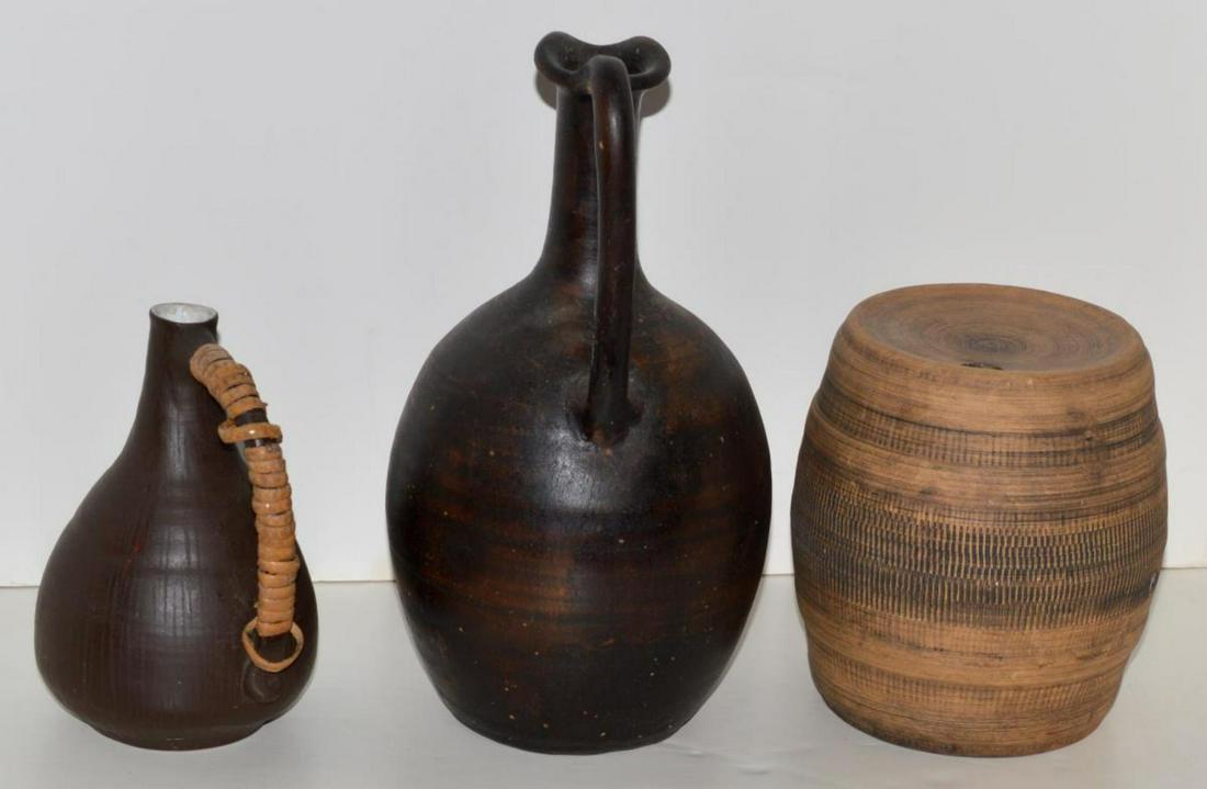 Lot of 3 Wonderful Small Vintage Pottery Pieces: Lot of 3 Wonderful Small Vintage Pottery Earthenware Pieces, including.. A barrel shaped tan & brown keg. It has a 1\2" hole in the end & on the middle of the side. It is marked USA on the end opposin