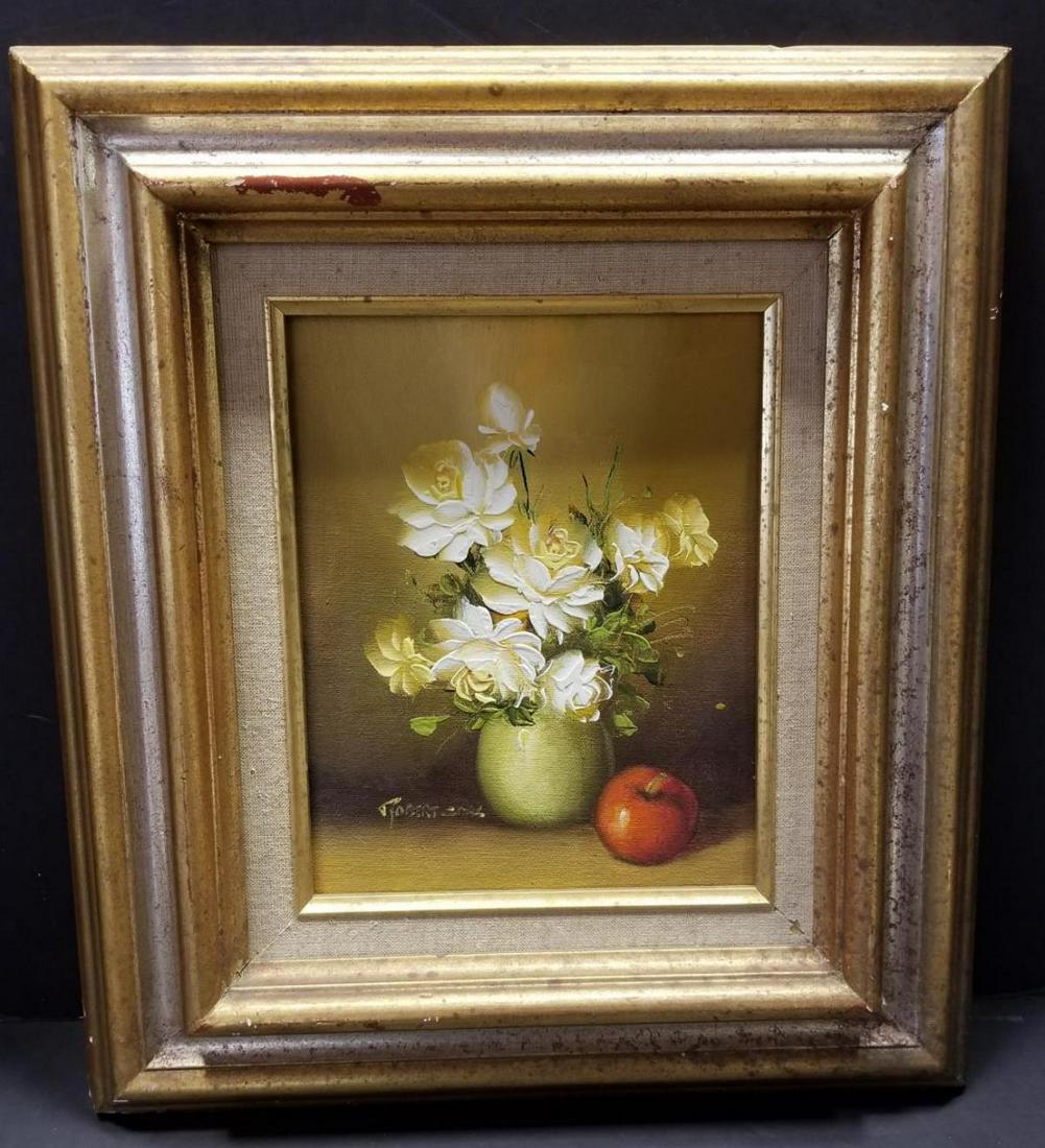 Original Acrylic on Board Still Life Painting: An Original Acrylic on Board Artist Signed Still Life Painting of a Flower Vase & Fruit. It is signed bottom left by Robert Cox. The flowers are done in an impasto style. It is wonderfully framed in a