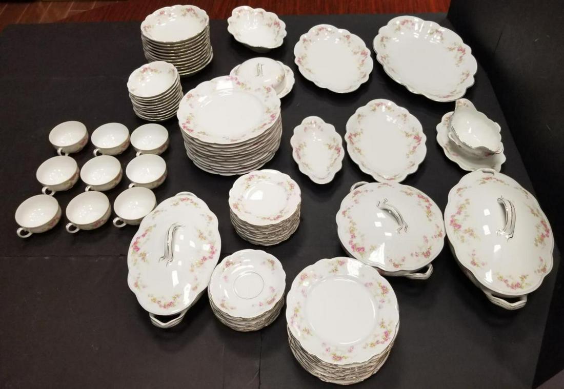 Antique MZ Austria China Service for 12 + Extras: Antique MZ (Moritz Zdekauer) Austria (1884-1909) China Service for 12 with Place Setting for 5 Plus Extras. Classic Elegant Pattern of Petite Pink Floral Roses Against a White Background. This Scallop