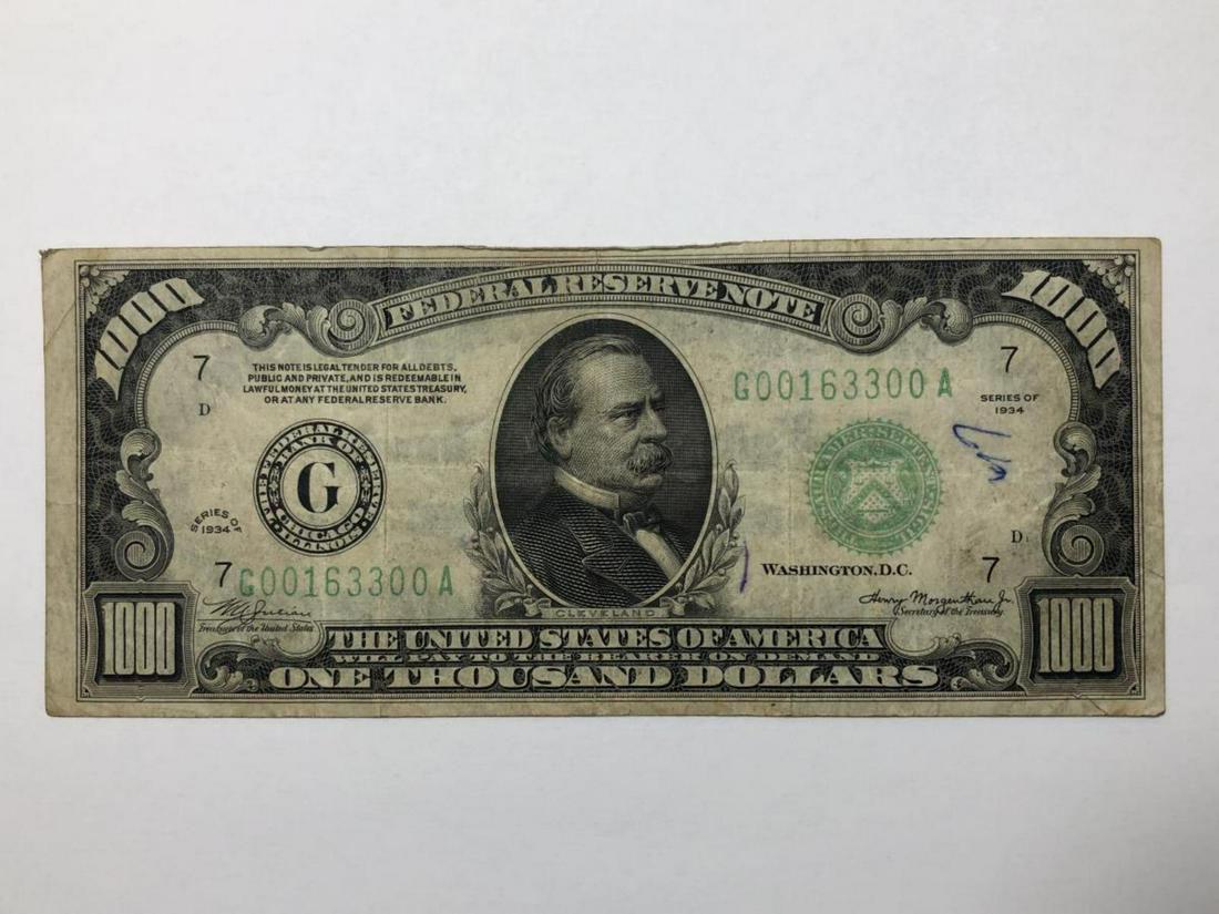 Series 1934 $1000 Federal Reserve Note Fine: Series 1934 $1000 Federal Reserve Note Fine. Largest denomination note allowed for public use, and seldom seen as they have been called back in to the Reserve. From the Chicago, Illinois Federal Reser