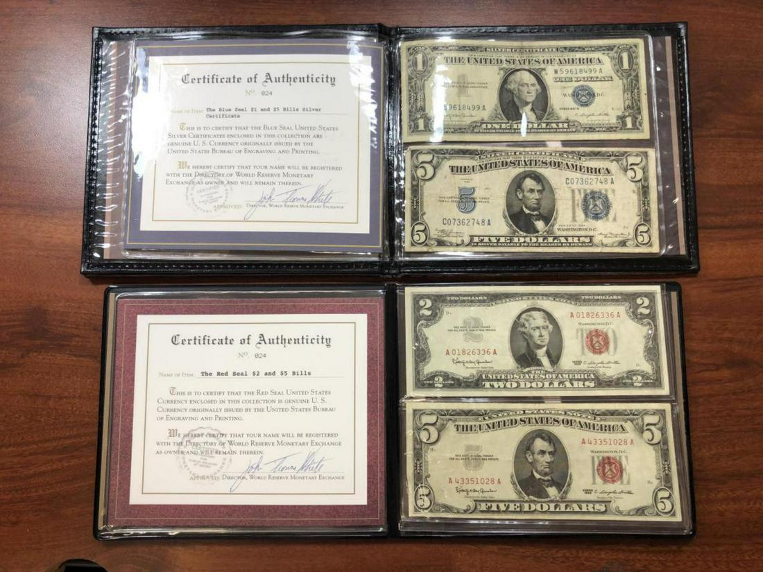 $1 $2 $5 Blue Seal & Red Seal Currency Note Set: $1 $2 $5 Blue Seal & Red Seal Currency Note Set. Housed in two vinyl folders, the first one holds a $1 and $5 Blue Seal Silver Certificates, as the 2nd one holds a $2 and $5 Red Seal United States Not