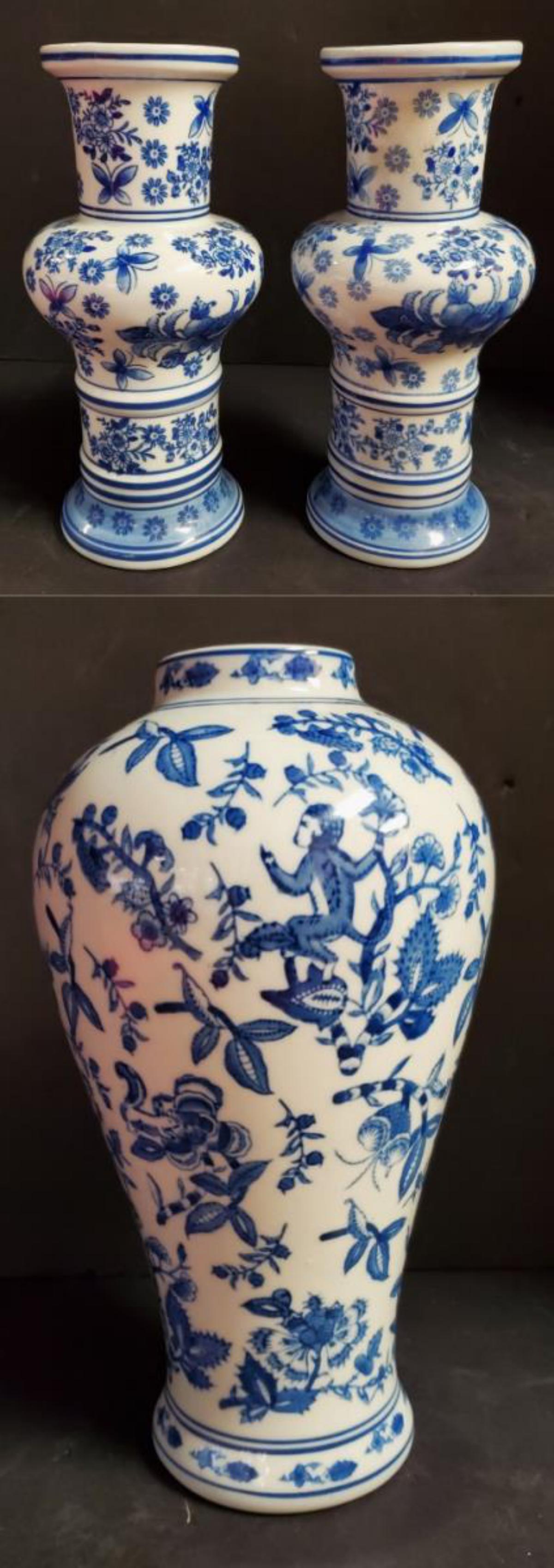 Lot of 3 China Blue Decorative Seymour Mann Vases: Lot of Three Porcelain China Blue Seymour Mann Blue & White Classic Decorator Vases. Great condition with makers marks on the underside. They are 12" tall & 13" tall. A great collectible & functional 