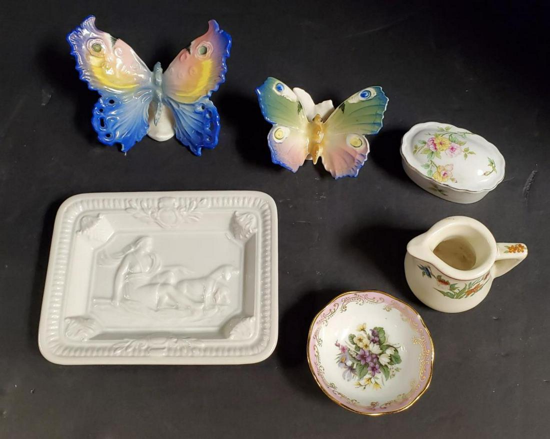 Lot of 6 Vintage Collectible Porcelain Items: Lot of 6 Vintage Collectible Porcelain Items. Imperia Limoges France floral with gold gilt trinket bowl 2 3/4" diameter with minor chip. Lidded floral oval trinket bowl 1984 Lefton China 2 3/4" long.