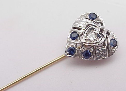 Diamond & sapphire heart stick pin