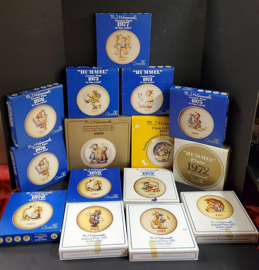 Large Collection of Hummel Plates & A Music Box: Large Collection of 23 Hummel Relief Plates in Boxes Spanning Three Decades. All in original box & some with COA. The set will include the 1972-75 Annual, the 1976 First edition, 2-1976 Annuals, 1977-