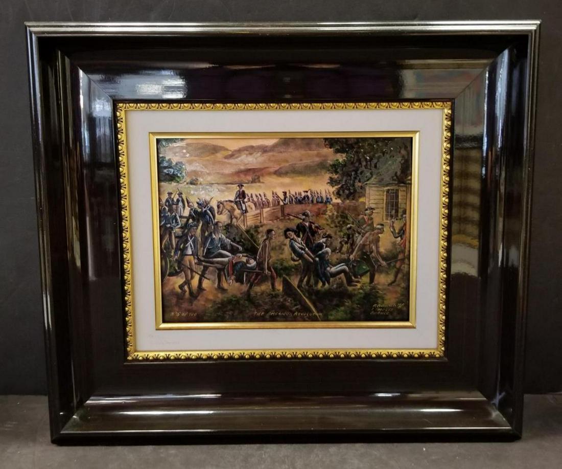 P. Bonnet Numbered Limoges Enamel on Copper: Pierre Bonnet Limoges Enamel on Domed Copper, Depiction of a day in The American Revolution. It is a signed, numbered, & dated. #6 of 100. Info is all along the bottom edge. Double fillet strip & matt