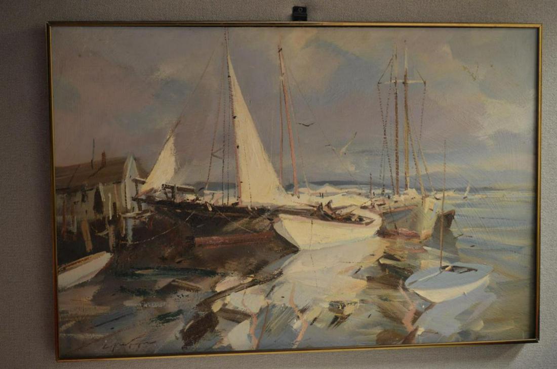 "Wharf and Sails" Oil on Board by Charles C Gruppe: "Wharf and Sails - New Haven" Oil on Masonite by Charles C Gruppe (American, b. 1928). Signed Lower Left. Unframed Size: 36"x24".