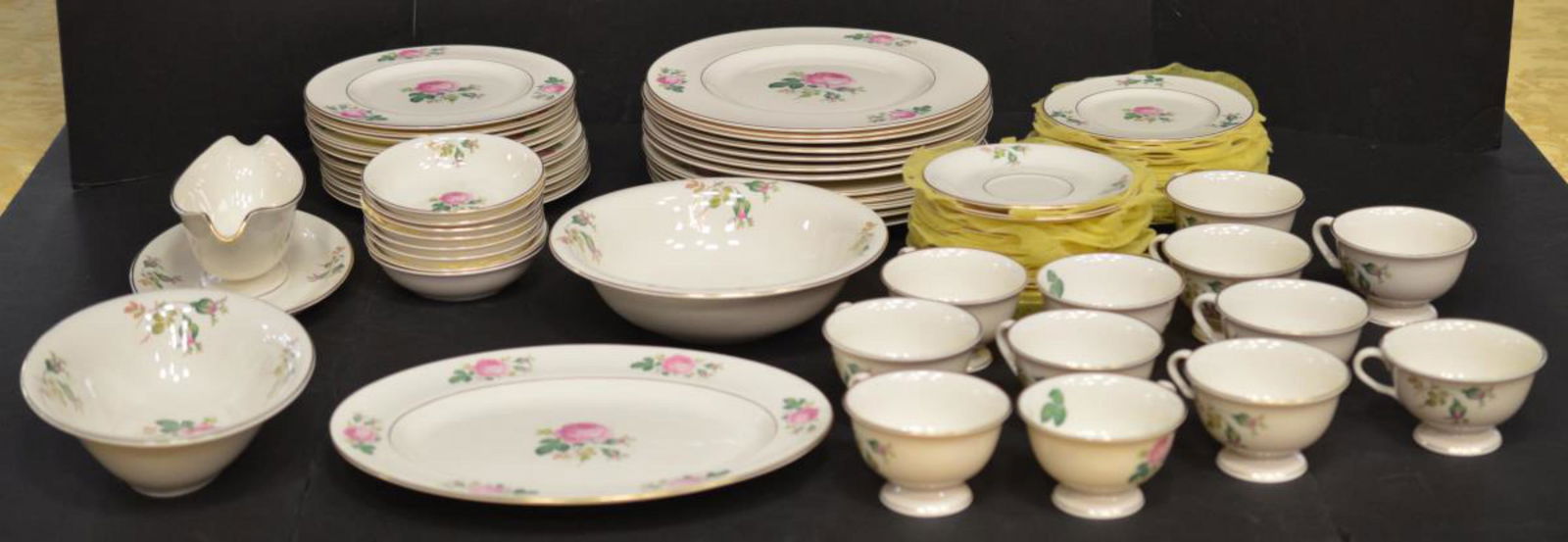 Pickard Ravens Wood Maria 237 China Set 72 Pcs: Pickard Ravens Wood Maria 237 China Set 72 Pieces Total. An attractive egg shell white with pink rose pattern with gold rim & verge. The set will include the following: 12- Dinner plates 10 3/8". 12-S