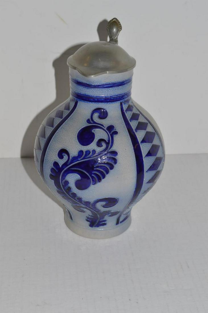 Old Reinh Beer/Wine Stoneware Jug with Pewter Lid: Vintage Cobalt Blue Design Salt Glazed Stoneware Beer/Wine Jug/Pitcher with Pewter Lid. Bottom Stamped in Red Western Germany. 487/7 & E 2 Marked on the Bottom. Also Marked on the Bottom is REINH MERK