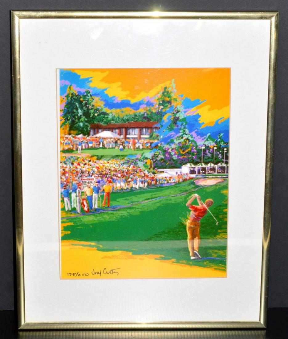 Framed & Matted Joni Carter Signed Numbered Print: Framed & matted computer digitized golf print that has been artist signed & numbered by Joni Carter. #178/250 It is 8" x 10" with a gold metal frame that is 11.25 x 14.5" overall. It has a digital pic