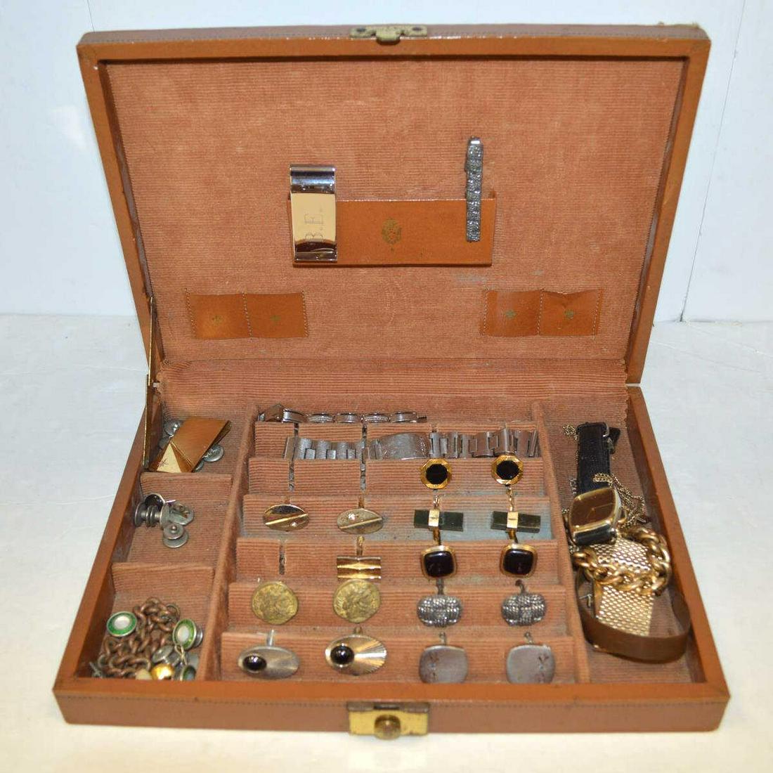 Box of men's cufflinks and jewelry: Box of men's costume jewelry including many pairs of cufflinks, Seiko watch, large curb link bracelet and money clip.