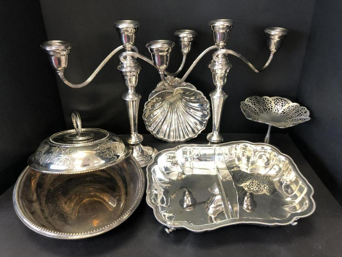 Lot of 6 Silver Plated Items, Candelabra & Dishes: Lot of 6 Silver Plated Items Including Candelabras & Dishes & More. This listing will include a pair of Gorham 3 light candelabra's 12 3/8" tall & 13" wide. Wallace "Baroque" 278 footed shell bowl 7 3