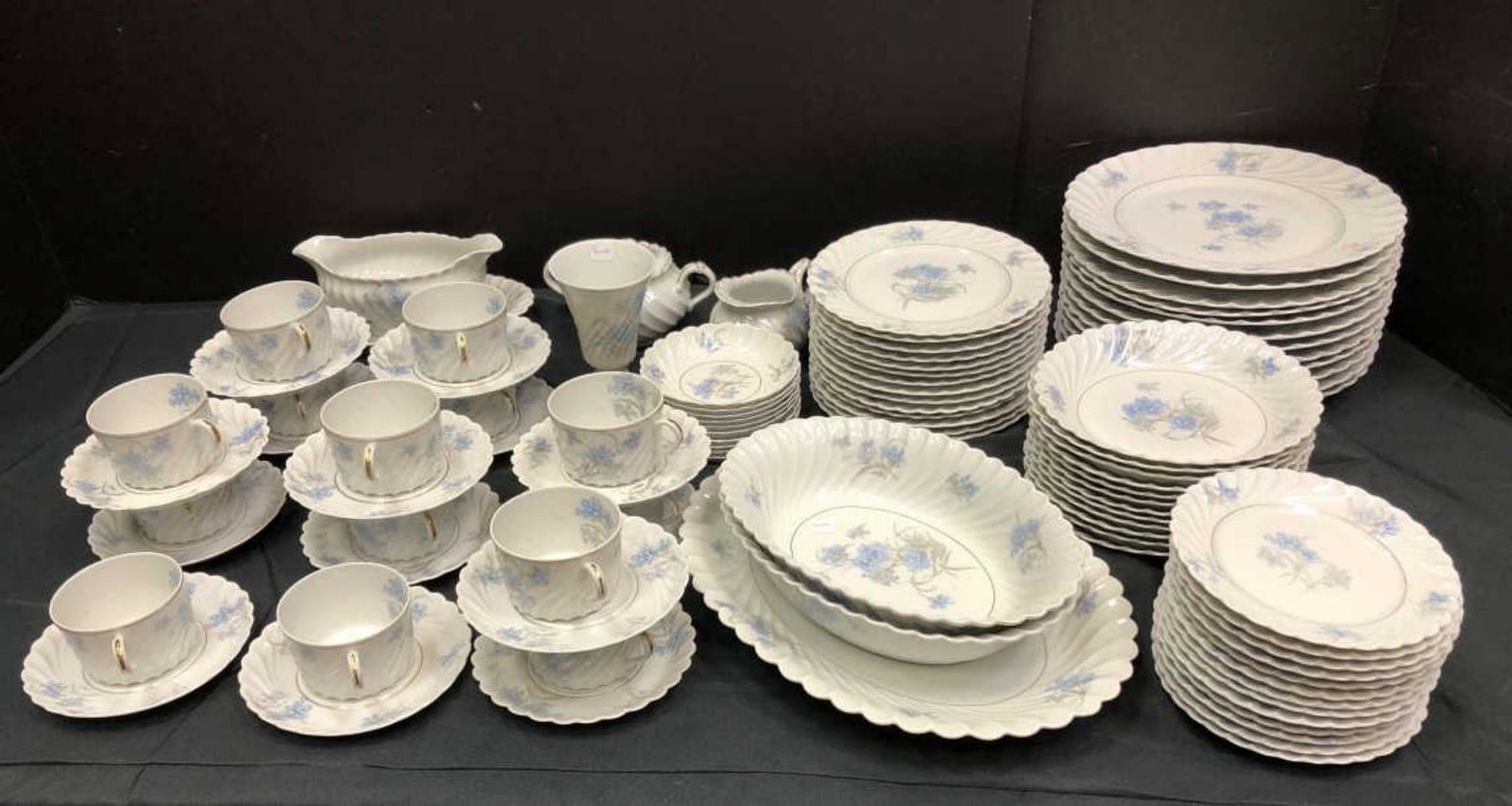Set Of Haviland French Limoges Bergere Dinnerware: Set Of Haviland French Limoges Bergere Dinnerware. Total of 83 pieces in the set. Consists of 13 dessert plates. 14 coffee cups & saucers. 2 serving dishes. 1 meat platter. 1 gravy boat. 1 creamer. 1s
