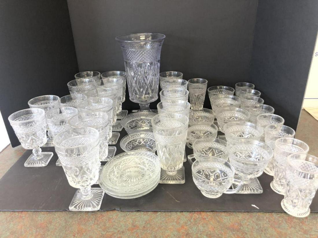 Large Lot of Clear Imperial Cape Cod Glassware: Large Lot of Vintage Clear Imperial Cape Cod Pattern Glassware. 42 pieces of great American classic glassware. The set will include 1-Vase 11 1/4", 1-Bowl 5 1/4", 1-Bowl 4 1/2", 4-Saucers 5 1/4" to 5