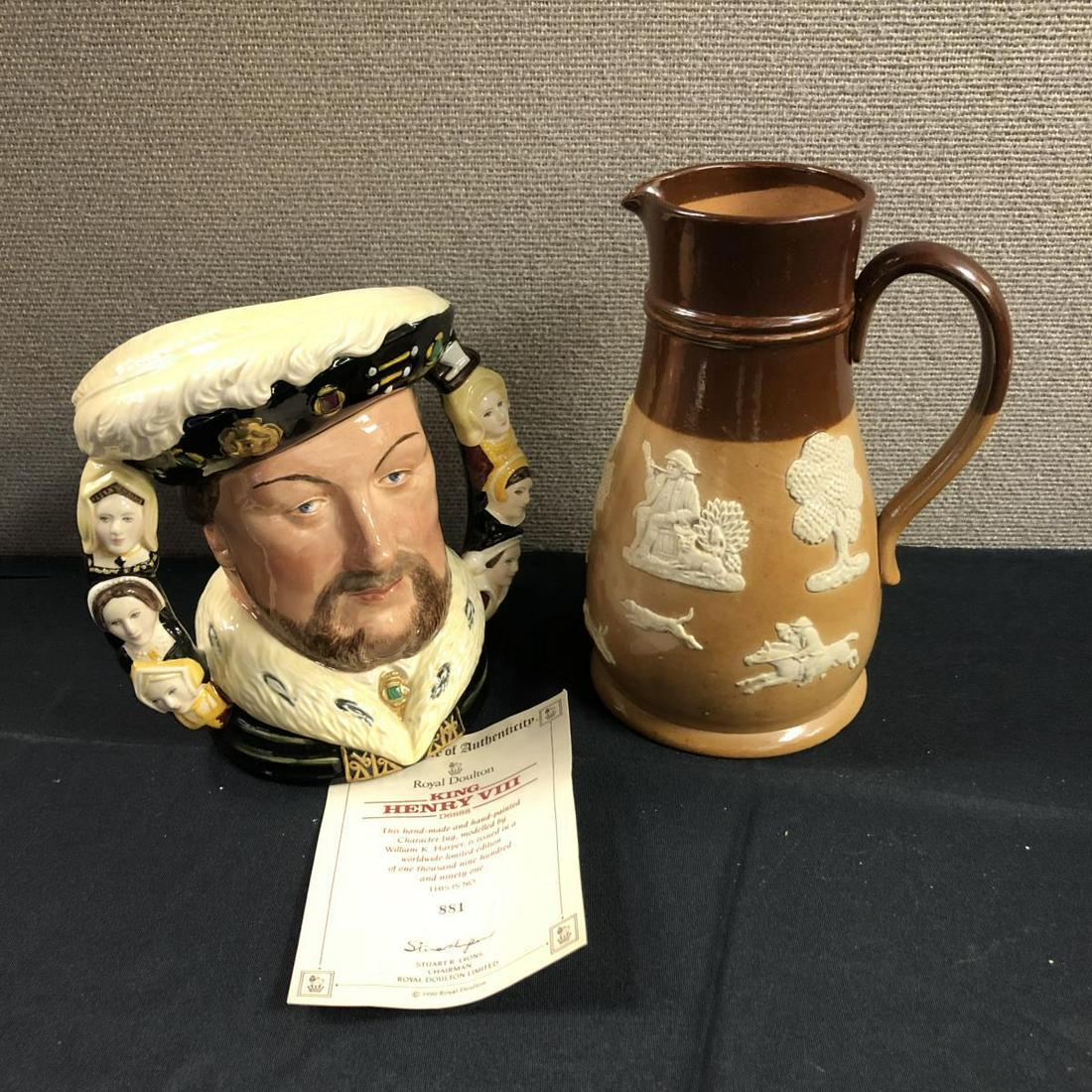 King Henry VIII Royal Doulton LE Jug & Pitcher: King Henry VIII Royal Doulton Limited Edition Jug & bonus Pitcher. Jug issued in celebration of the 500th Anniversary of his birth. Limited edition of 1991. Number 881/225. Stands 7 1/2" tall. Pitcher