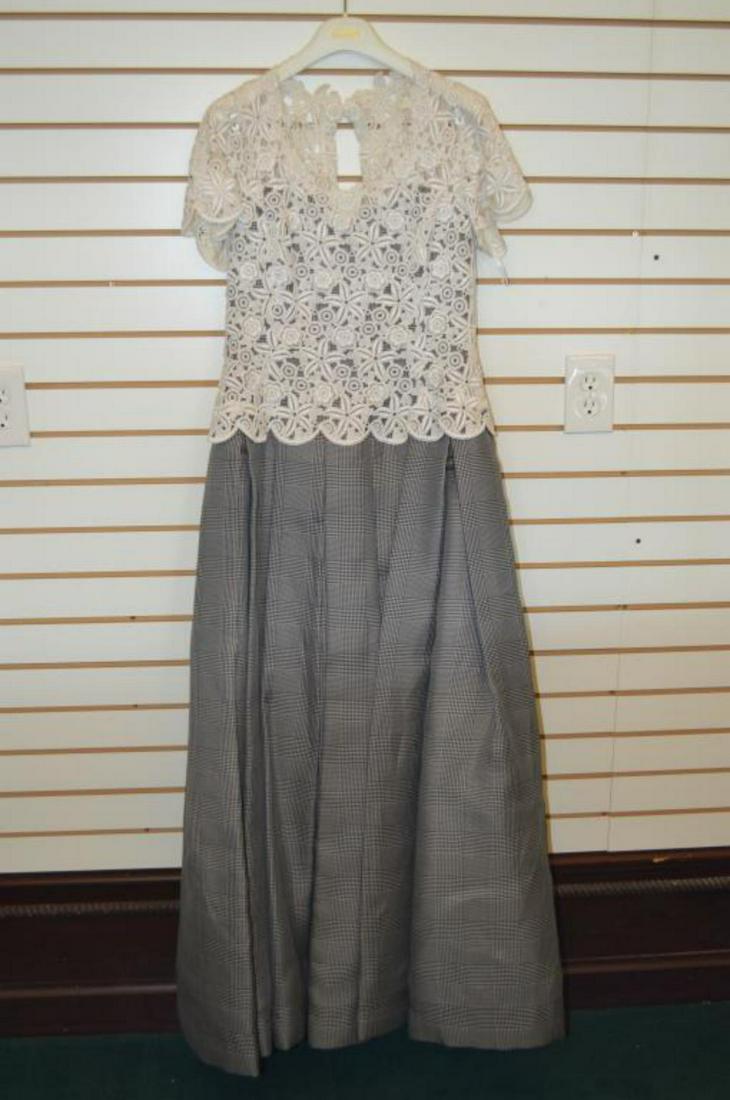 Escada Floral Crocheted Lined Evening Gown Sz 40: Escada Couture Floral Crocheted Lined Evening Gown Sz 40. Lovely floral crocheted top and Black & White Fine Check bottom, fully lined. Size 40.