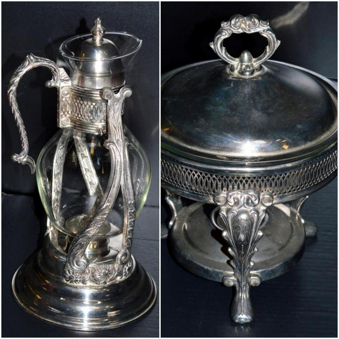 Vtg. Silver Coffee Corning Carafe & Chaffing Dish: Vintage Ornate Silver Plated Coffee/Tea Corning Glass Carafe Pitcher & English Silver Co. by Leonard Silver Chafing Dish with Anchor Hocking Fire King 1 1/2 qt. Glass Bowl