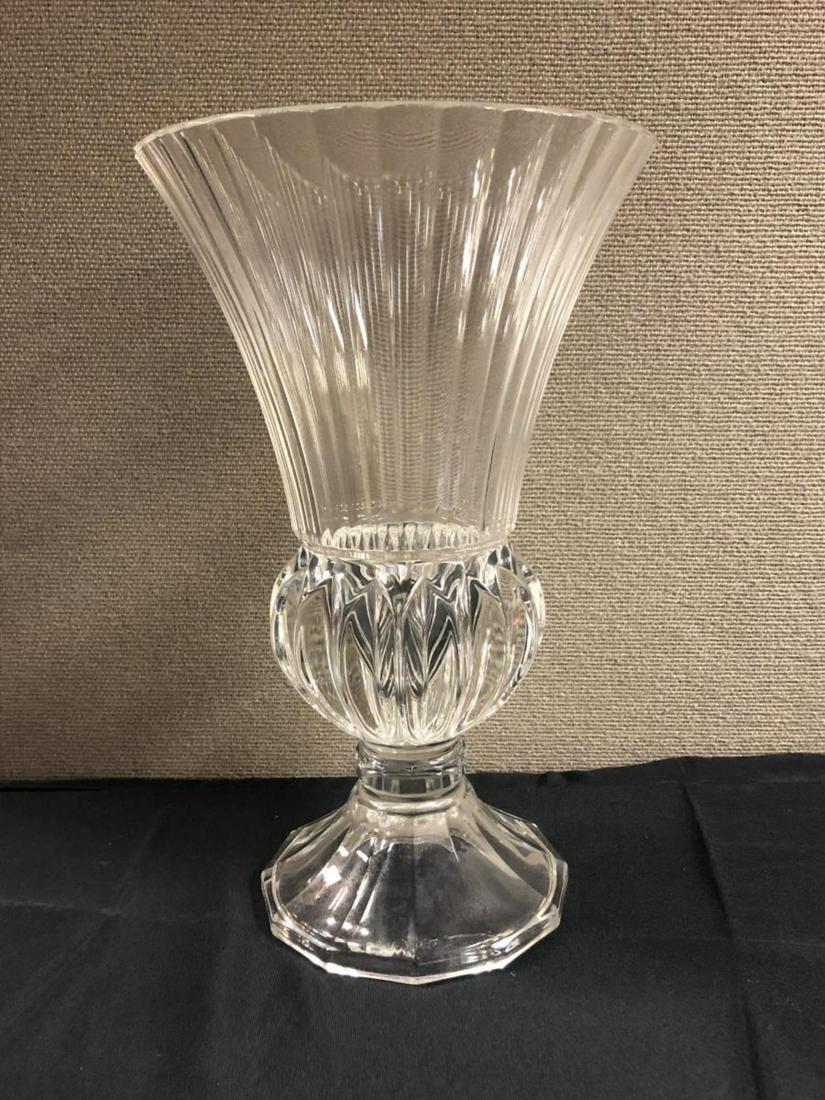 Ornate Clear Crystal Vase with Bulbous Bottom: Ornate Clear Crystal Flower Vase with Bulbous Bottom. Very Unique Art Deco Ribbed Design. Stands 14" tall. Measures 8 1/2 " across.