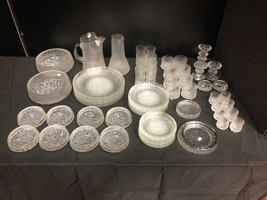 Set of 67 Iittala Ultima Thule Frosted Crystal Pcs: Set of Iittala Ultima Thule Frosted Crystal. Set contains 67 pieces. Consists of 8 small candy bowls. 2 large candy bowls. 1 pitcher. 1 vase. 8 dinner plates. 8 salad plates. 8 bread & butter plates. 