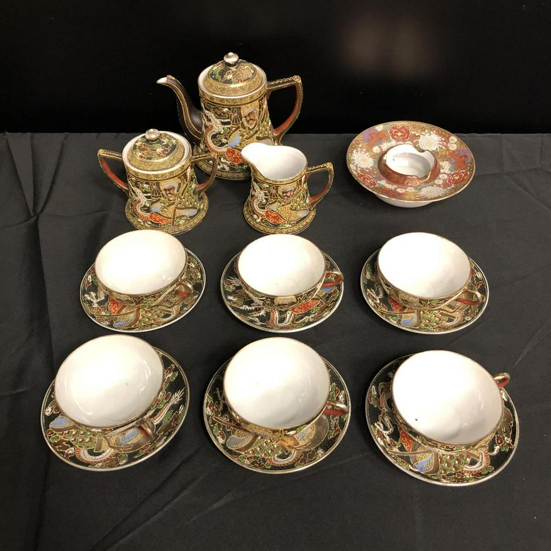 Set Of Satsuma Coffee Service For 6: Set Of Satsuma Coffee Service For 6. Total of 16 pieces. Consists of 6 coffee cups. 6 saucers. 1 creamer. 1sugar. 1coffee pitcher. Hand painted in colors and gilt with Rakan, Meiji(1868-1912). As a bo