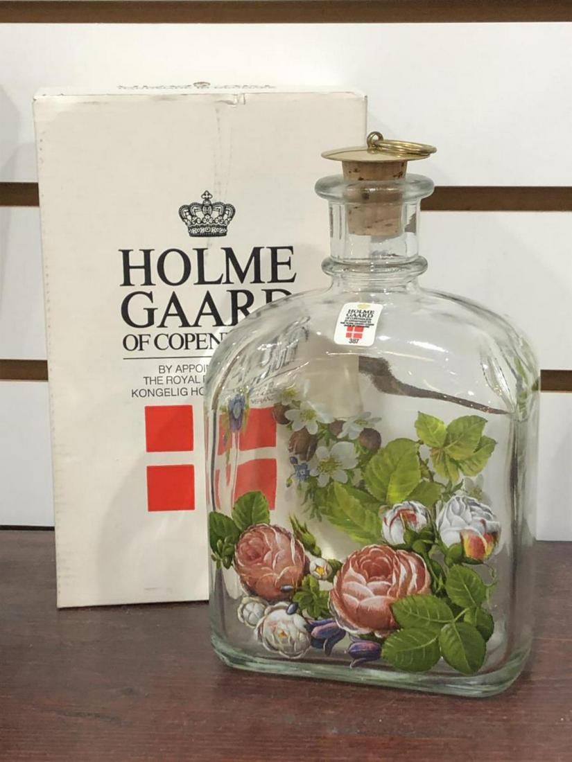 Holme Gaard of Copenhagen Art Glass Decanter w/Box: Vintage Holmegaard of Copenhagen Hand Painted with Flowers Scandinavian Art Glass Decanter with Stopper In Box. By Appointment to the Royal Danish Court. #387 Stands 7 in tall.