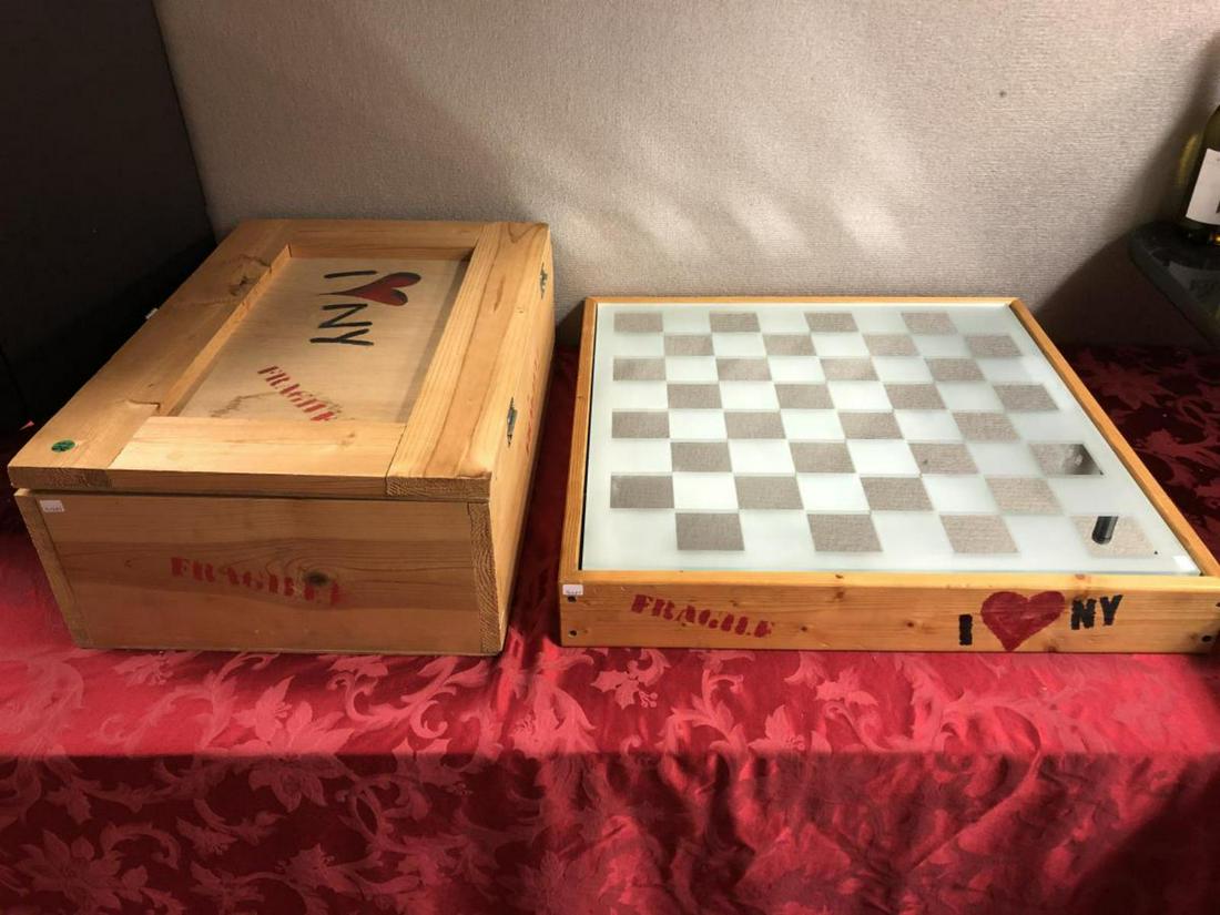 Thomas Galati Signed Limited New York Chess Set: Thomas "Topo" Galati Signed Limited Edition New York "With a Twist" Chess Set & Glass Board. This extremely limited edition has the depiction of the Twin Towers as the castle pieces. This set was manu