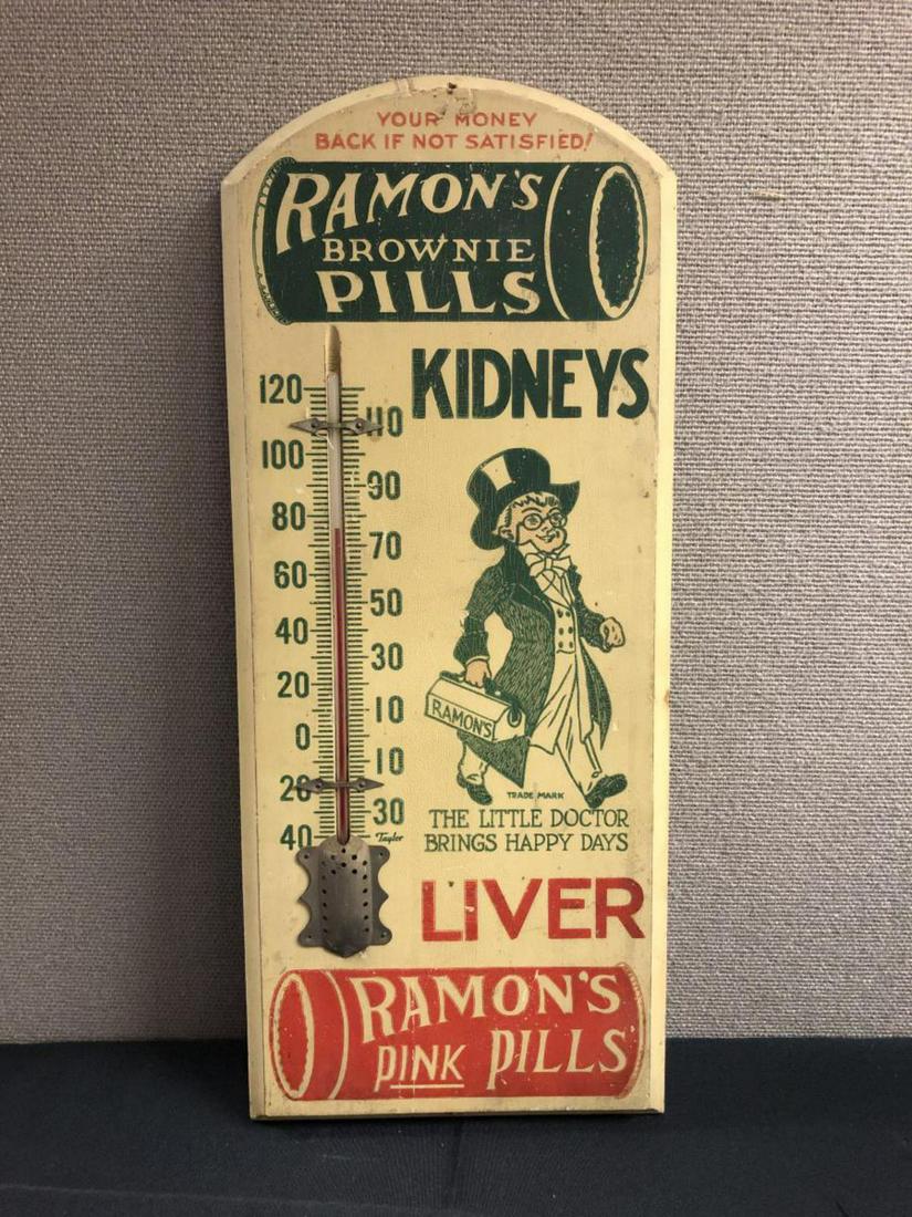 Ramon's Pink Pills Thermometer Wall Hanging Art: Wood Ramon's Pink Pills Thermometer. 20 1/2" long. Vintage 50's look.