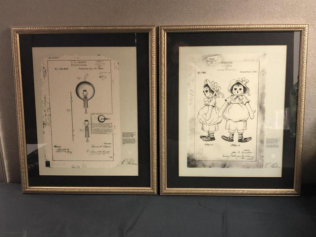 Two Framed T. Edison & J.B. Gruelle Patent Prints: Set Of Framed Prints T.A. Edison & J.B. Gruelle. 20 1/2x24 1/2. Design J.B. Gruelle Doll. Patented Sept 7, 1915. T.A. Edison Electric Lamp. Patented Jan 27, 1880. Artist R. Goodwin signature at bottom