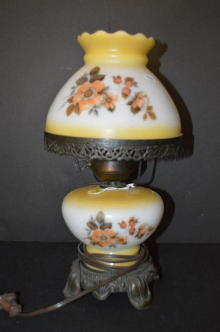 Vintage Ceramic Metal Footed Table Lamp: Vintage Hand Painted Floral Ceramic Glass Metal Footed Table Lamp. In the style of "Gone With The Wind". Lamp sits 15 1/2" tall.