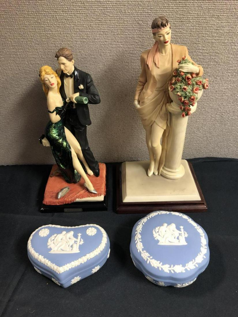 2 Vittorio Tessaro Sculptures & Wedgwood Trinkets: 2 Wedgewood Trinket Boxes & 2 Vittotio Tessaro Sculptural Figurines. The Wedgwood trinket boxes are heart shape and round. Heart shape measures 5" across. Round shape measures 4 1/2" across. 2 Figurin