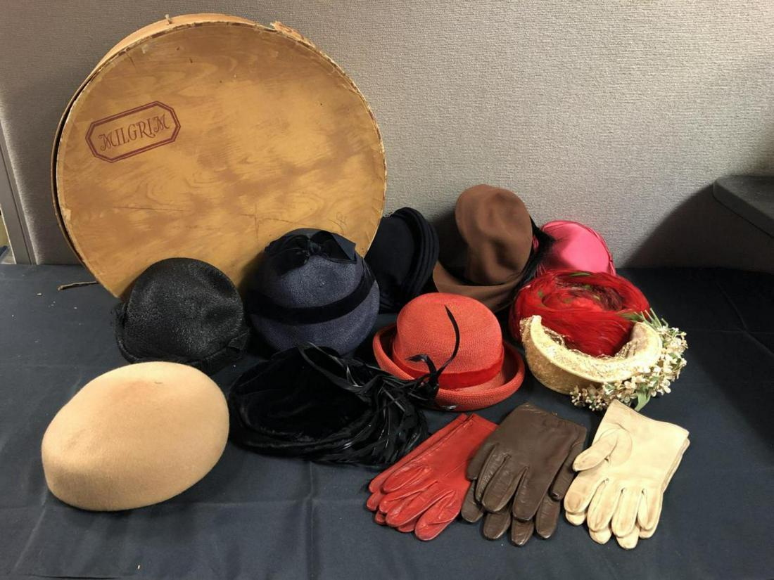 Lot of Vintage Ladies Hats, Fascinators & Gloves: Lot of 10 Vintage Ladies Hats and Fascinators, and 3 pairs of leather gloves, housed in an old round hat box. Labels such as Henry Pollack, Styled by Coralie, Christine Original NY, Gladys Millinery a