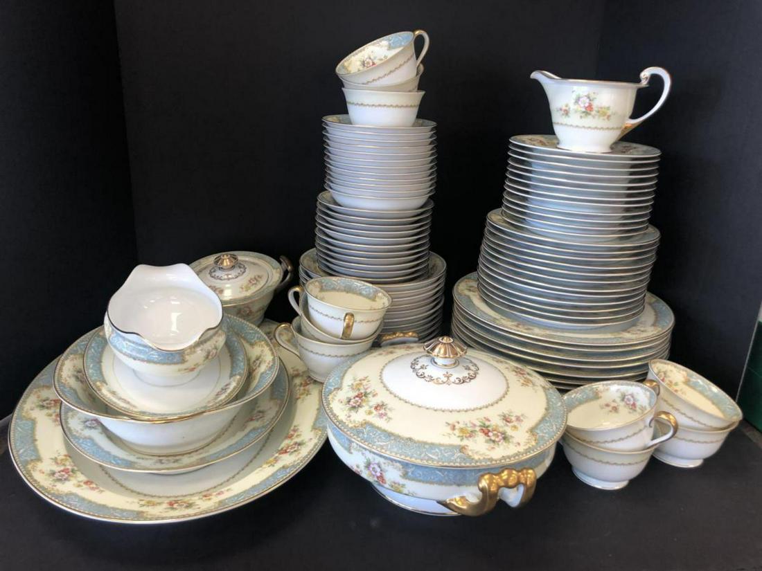 Large Set of Noritake China Pattern Blue Dawn #622: Large Set of Noritake China in the Pattern of Blue Dawn #622. Blue border with cream band with floral designs & gold trim. The set will include 11-Dinner plates 10", 12-Salad round plate 7 1/2", 12-Sa
