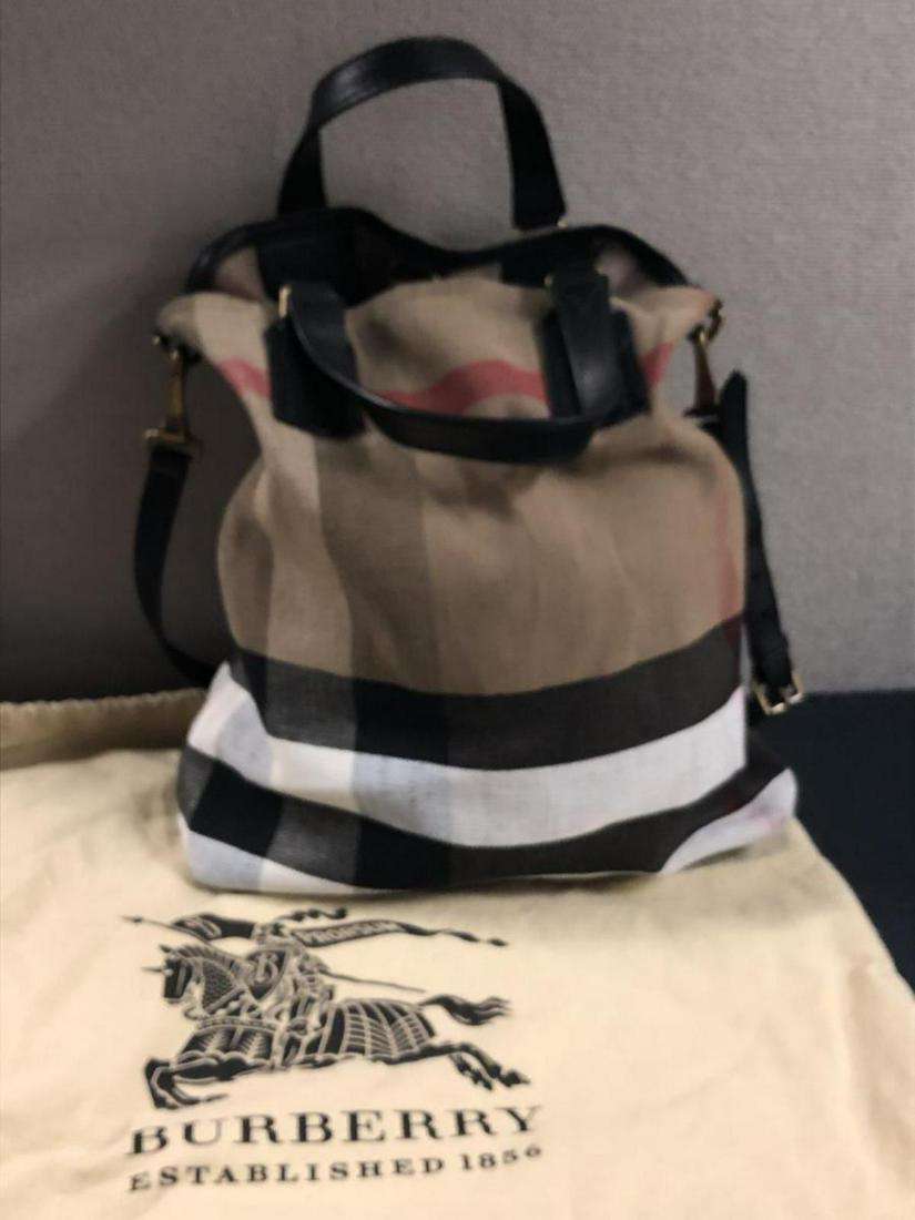 Burberry Check Canvas Long Strap Shoulder Purse: Burberry Check Canvas Long Strap Shoulder Purse. Appears to be new, still accompanies with its Burberry cloth dust cover storage bag
