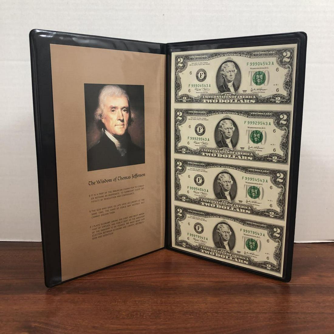 Series 2003 $2 Uncut Sheet of 4 Currency Notes: Series 2003 $2 Uncut Sheet of 4 Currency Notes housed in the "Wisdom of Thomas Jefferson" vinyl educational folder.