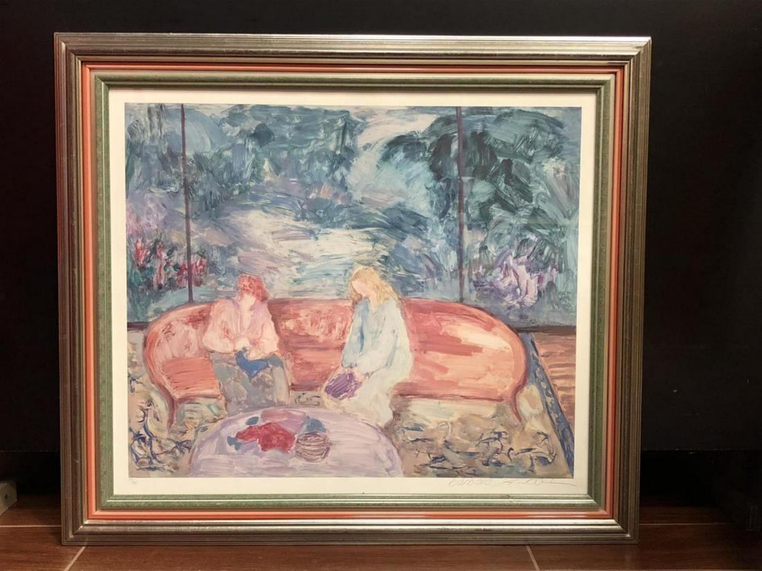 Barbara A. Wood Signed & Numbered Framed Print: Barbara A. Wood Signed & Numbered Framed Print. "The Red Couch", featuring two women in the impressionist style. Exquisitely framed, it is pencil signed in the lower right and is numbered #170 of 975 