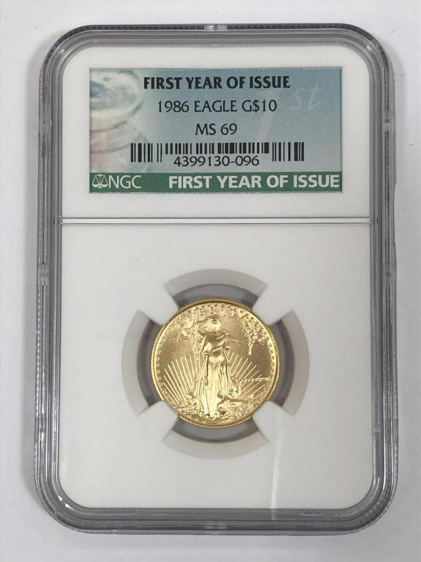 1986 $10 Gold Eagle 1/4 oz 1st Year NGC MS69: 1986 $10 Gold Eagle 1/4 oz 1st Year NGC MS69. First year of issue for the widely popular Gold Eagle series, this $10 coin is 1/4 oz of pure gold and is graded by NGC as MS-69.