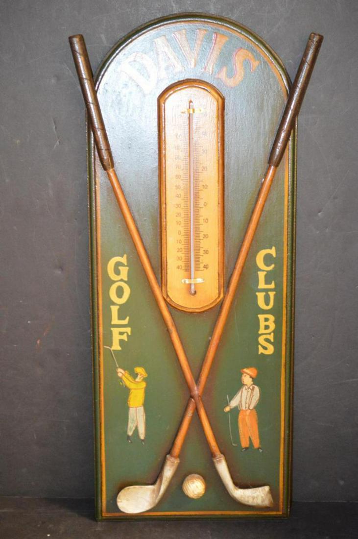 Golf Theme Thermometer: Reproduction paint decorated thermometer with crossed golf clubs, 23"h.